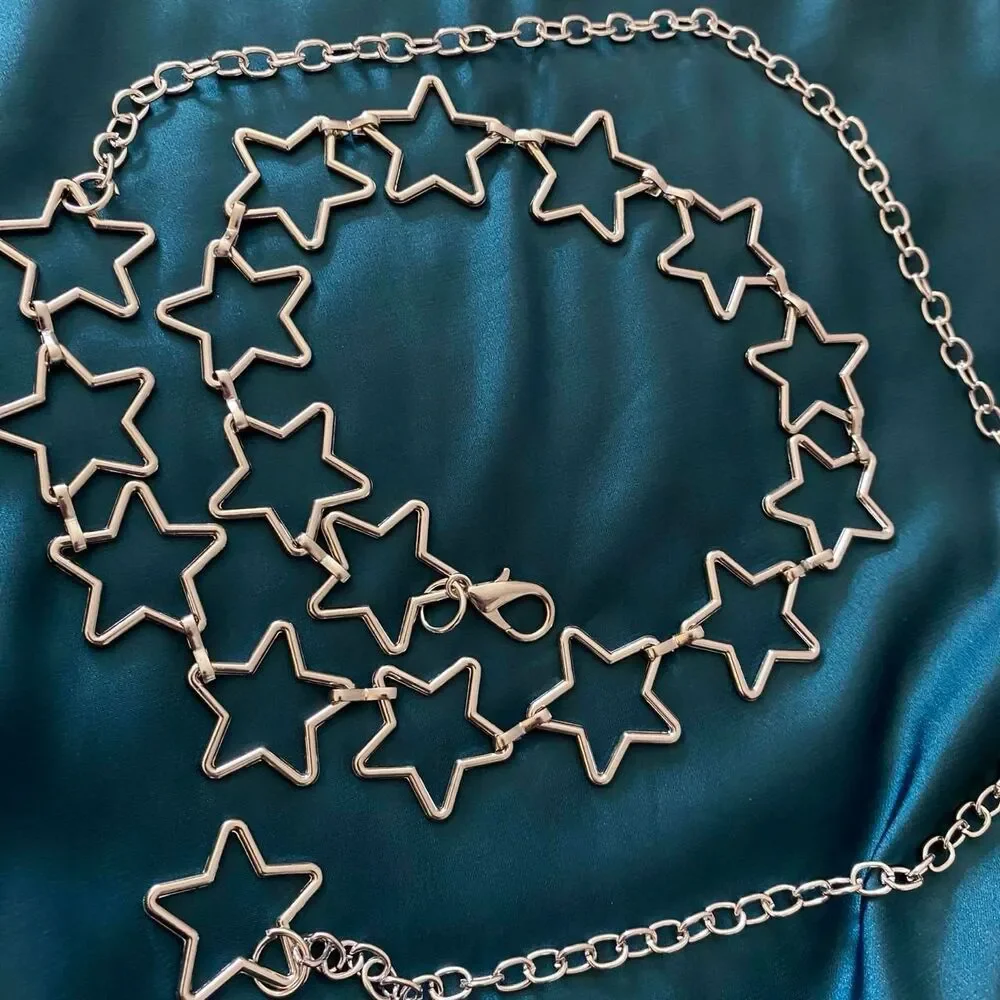 Silver Y2K Open Star Link Cutout Waist Chain Belt, Fits 21-38 Inches, X7GA1415